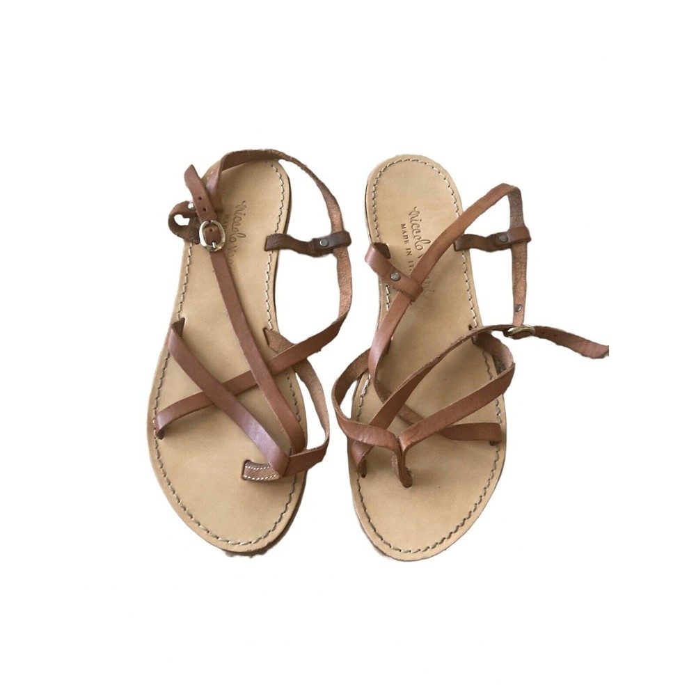 NICCOLO VACARI Tan LEATHER Womens Size 9 Strap Thong Sandals Flats ITALY